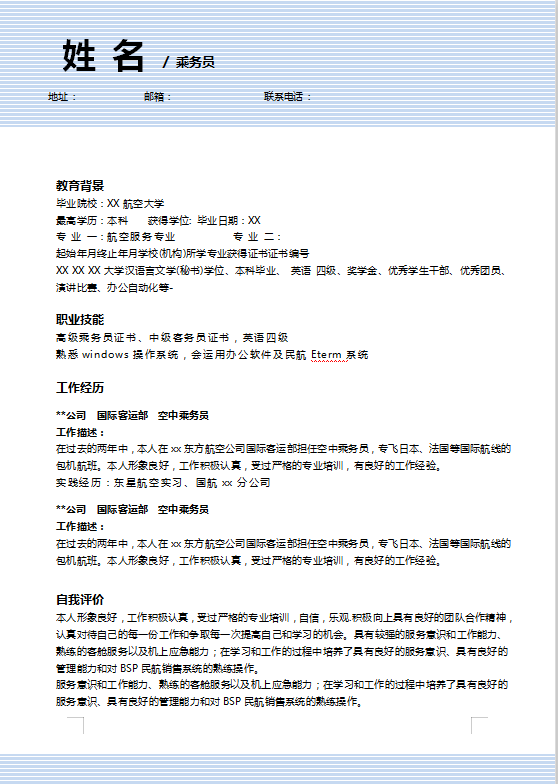 民航求职简历模板插图
