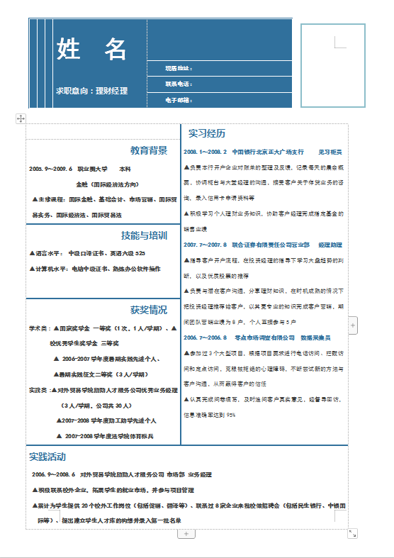 银行理财经理简历模板下载插图