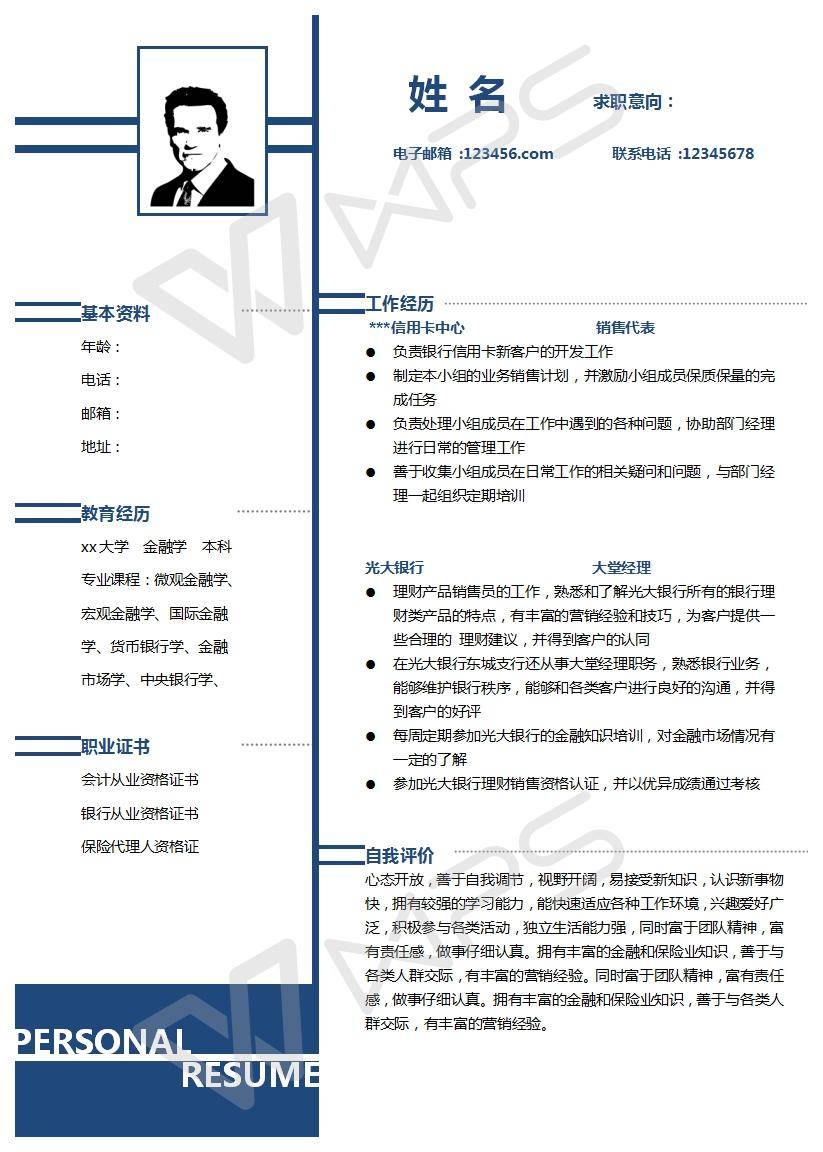 银行理财经理个人简历模板插图