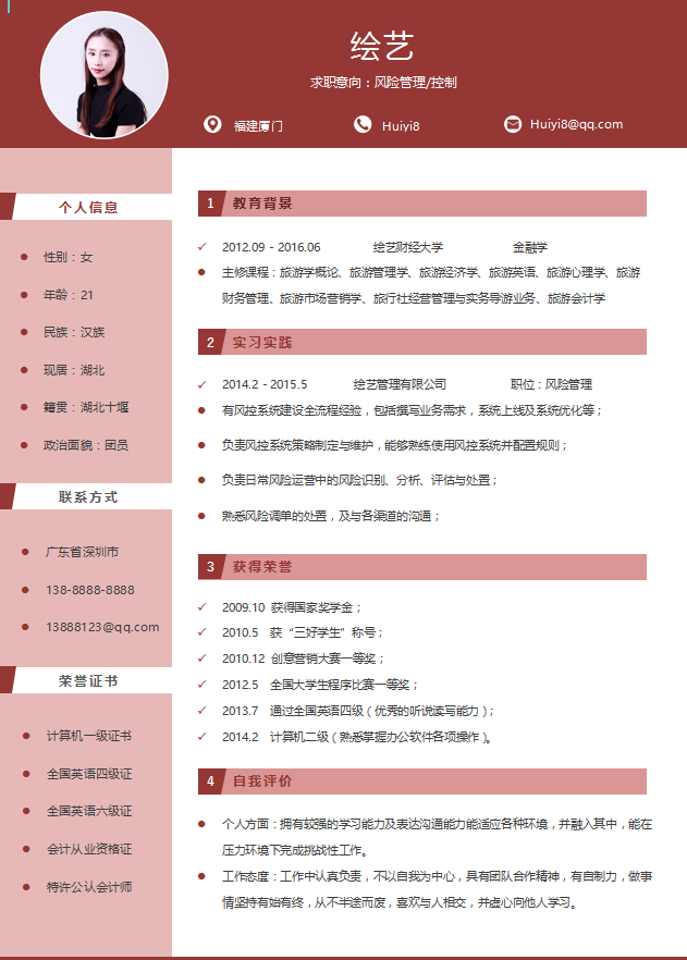 风险管理/控制个人简历模板插图