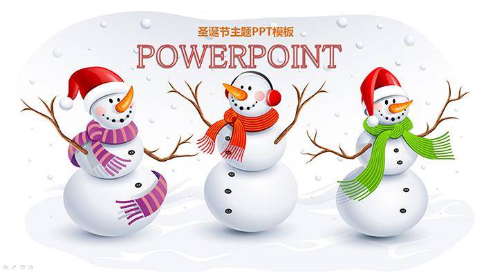 三个可爱的雪人背景的圣诞节PPT模板插图