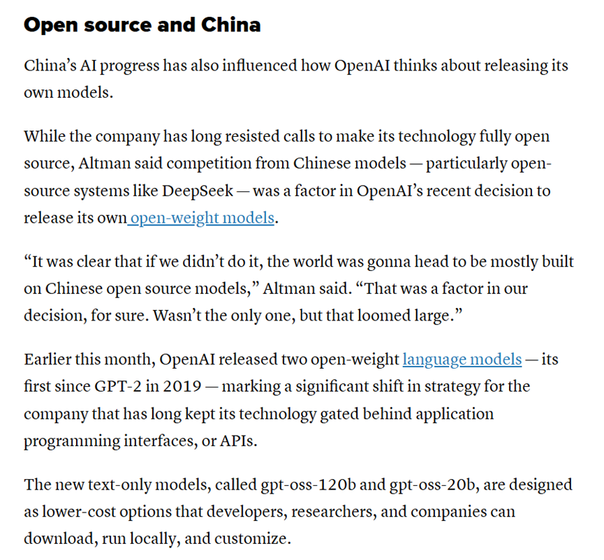 Sam Altman:美国严重低估中国AI实力,OpenAI开源因为DeepSeek插图3 Sam Altman:美国严重低估中国AI实力,OpenAI开源因为DeepSeek插图3