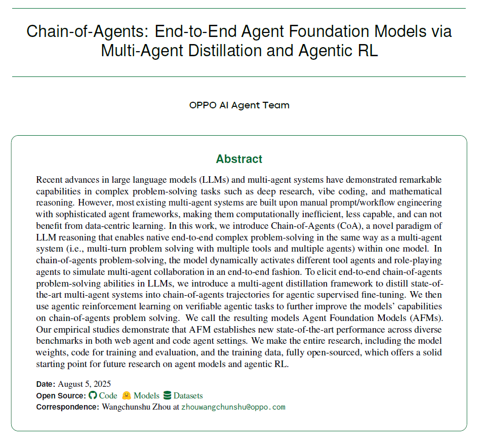 Chain-of-Agents: OPPO推出通用智能体模型新范式，多榜单SOTA，模型代码数据全开源插图